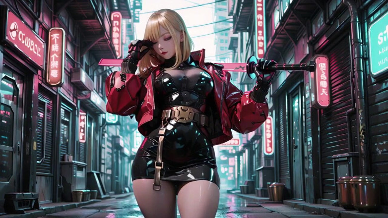 Seraphina Vale: ネオンの雨に輝く赤いレザージャケット、鎧を破る跪くポーズ
