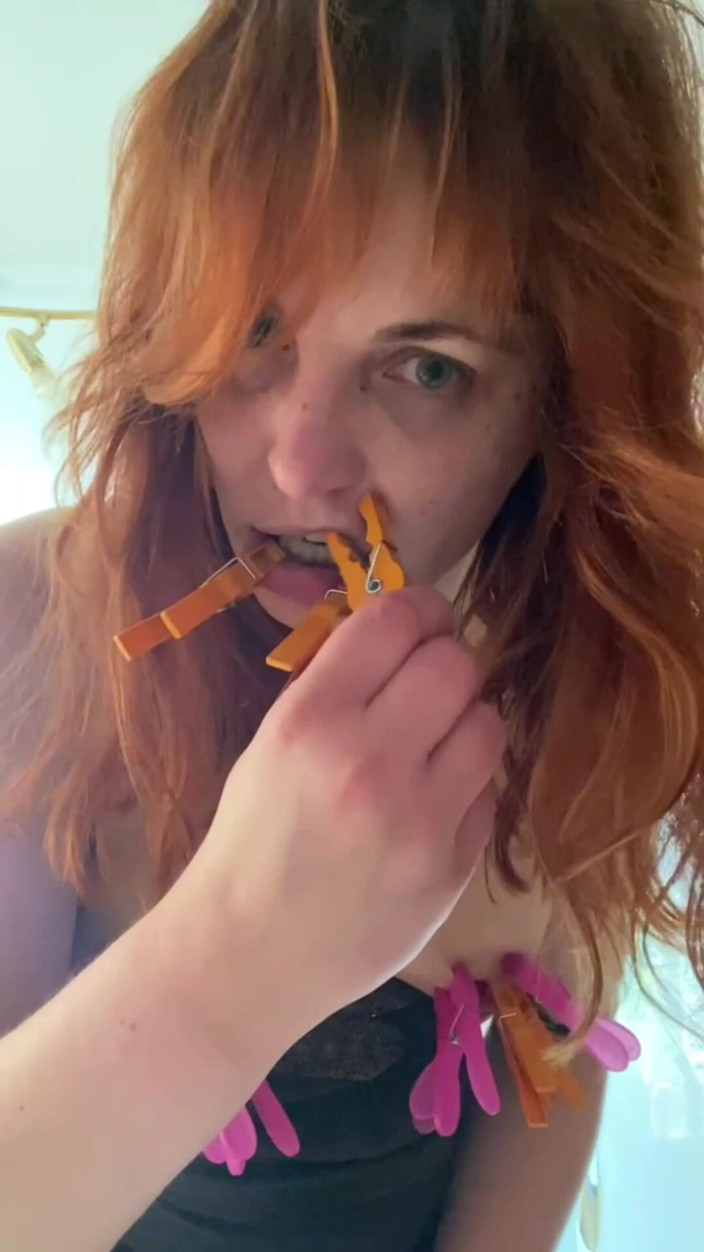 Elena917: Clothespins, Spit, Licking Toilet and Floor Masturbation