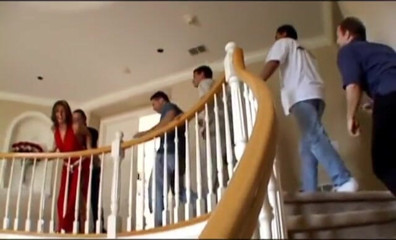Group Bang: Busty whore gets fucked hard by studs and eats cum...
