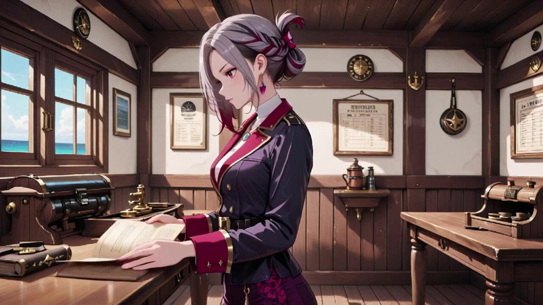 Tay Swift X: Silver-haired Pirate Queen! Sun-drenched Ship Cabin, Navy Uniform Slightly Damp,...