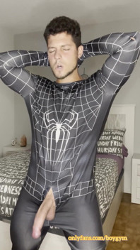 Big Cumshot with My Big Cock and No Hands! Spiderman Outfit