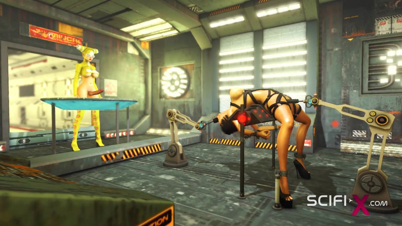 SciFi-X transgender: Cyberpunk sex. Hot 3d futanari plays with a sexy cuffed girl...