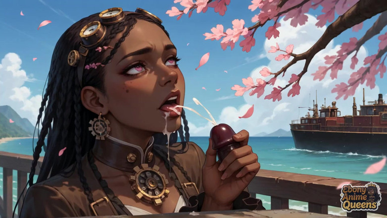 Ebony Anime Queens: La diosa de ébano cachonda da un cerezo en flor por...
