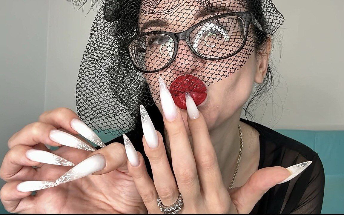White Long Nails and a Hat with a Veil on My Face, Face and Lips Worship