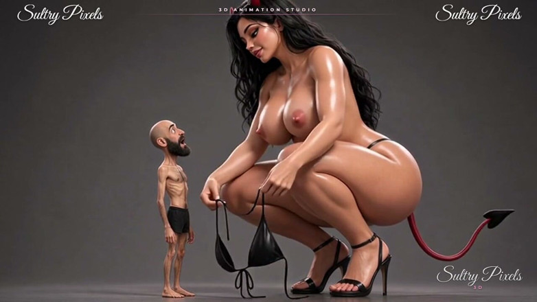 Sultry Pixels 3D: الشيطان العملاق يخلع عارية الصدر لرجلها الملتحي الصغير - يقبل كعبها العالي