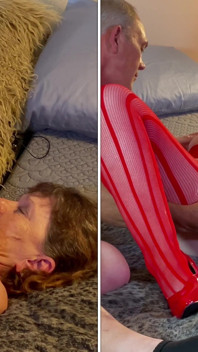 Mamie en rouge : une salope se fait baiser par un gode