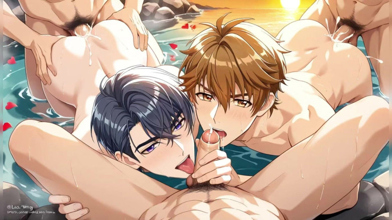 AI Blk: Groupe gay, baise anale dans la nature