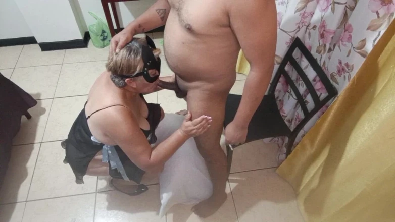 Sexy MILF in Lingerie and Heels Sucking Cock While Putting a Dildo in Her Pussy