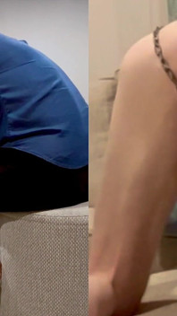 Sub na kolenou s připoutanými koulemi za sebou má podojené péro a 4x za sebou zničené orgasmy