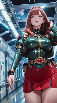 Wewnątrz pociągu science fiction, Ona nosi ciasną zieloną zbroję, dotykając jej czerwonych warg podczas patrzenia na Galaktykę przez otworek.