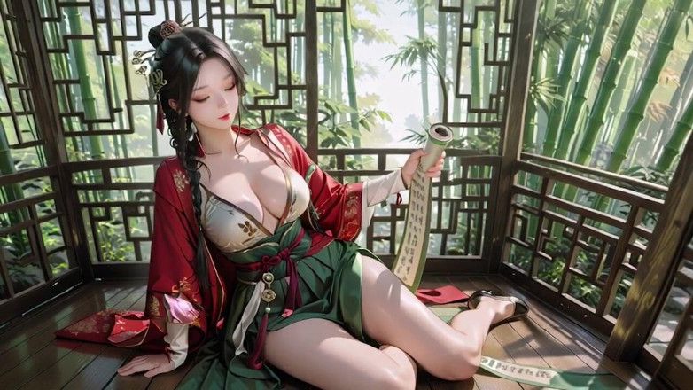 Seraphina Vale: The Red-robed Goddess in a Sun-dappled Secret Garden, Lazily Turning...