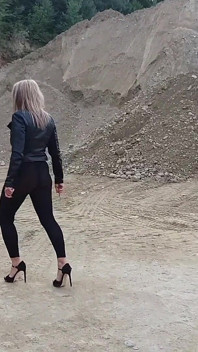 Grandma Is Walking Around a Gravel Pit in Tight Leggings and High Heels!
