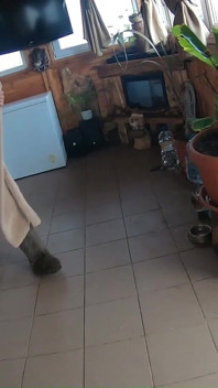 Vestido dourado, pele e fumo - buceta peluda, boquete profundo e cachorrinho duro em um freezer