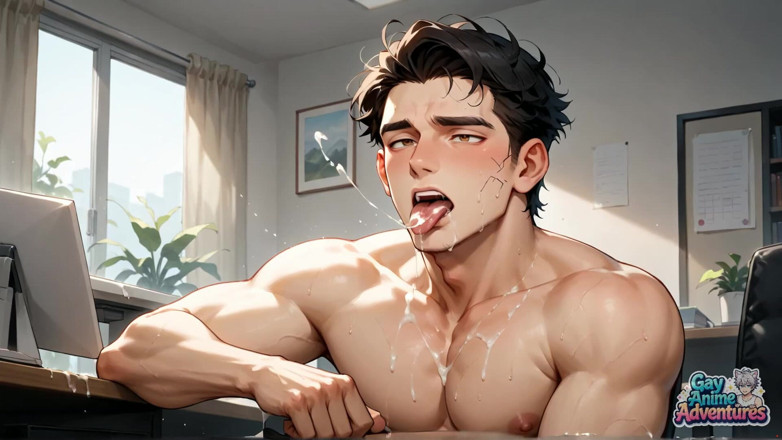 Gay Anime Adventures: Beefy koleś pochyla się w biurze i wytrysk w money-shot...