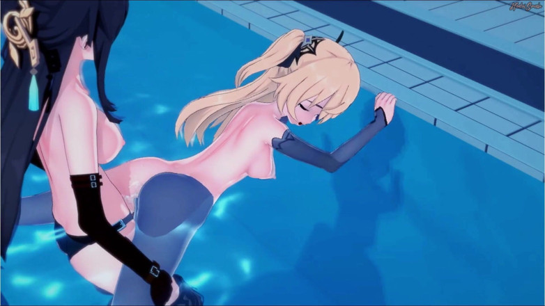 Hentai Smash: Genshin Impact - Beidouはストラップオンでプールでフィッシュルをファックします。