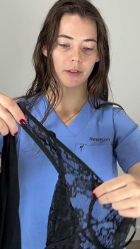 Trying on Lace Bodysuit and Nylon Stockings with Ceil Blue Scrubs Uncut Bts