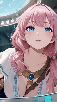 Underwater Fantasy Pink-haired Girl in a Sailor Suit Lounging Lazely, Fingertips Touching the Water as Sunlight Wets Her Skin.