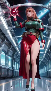 Inside the Sci-fi Train, She Wears a Tight Green Armor, Touching Her Red Lips While Gazing at the Galaxy Through the Porthole.