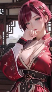 Pembantu rumah perang berambut ungu di Kimono langsing tinggi, berlutut untuk mengusik mata anda dengan berapi dan pembisik yang basah dan terharam.