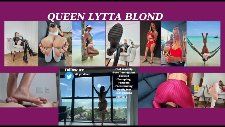 Queen Lytta ballbusting and cum lick: Queen Lytta Blond - 在lytta工作的时候，真正的桌下足部气味崇拜和按摩