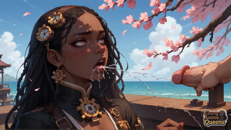 Ebony Anime Queens: La diosa de ébano cachonda da un cerezo en flor por...