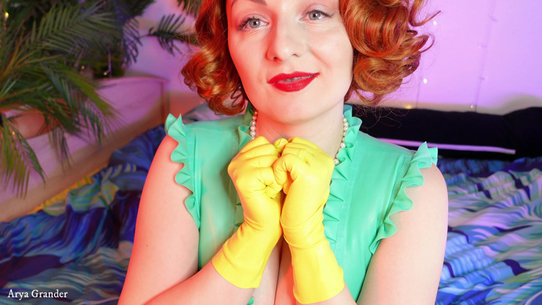Arya Grander: Rip off clothes: ripping latex rubber yellow gloves Arya Grander
