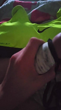 Using My Step Sis Bra to Help Me Cum in Her Green Nike Pro Sports Bra
