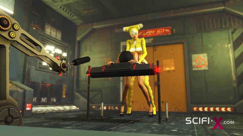 SciFi-X transgender: Секс в киберпанке. Горячий 3D футанари играет с сексуальной девушкой в наручниках в научно-фантастической лаборатории