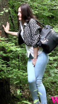 Desperate Girl Full Bladder Pee in the Forest and Empty Herself on the Ground