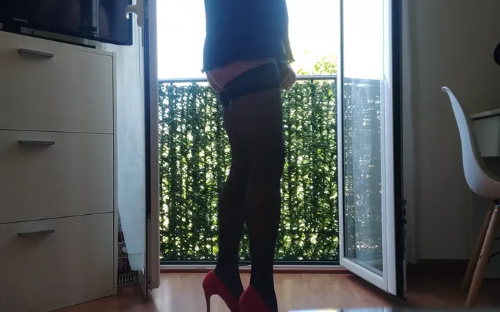Morbosete000: At the Window in Lingerie and Heels and Anal Plug