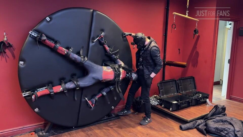 Inmate Cody and SubEdgeX: Pup Twink Dressed as Spider-man Strapped to the Bondage Wheel...