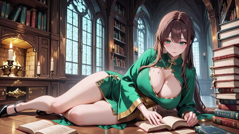 Tay Swift X: Die schwarz-gold-qipao-dame kniet auf dem Holzkorridor nieder und spielt mit...