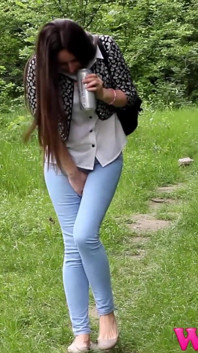 Skinny Brunette Full Bladder Pee Desperation and Pushing Her Pussy to Stop Her Pee in the Forest