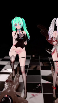[MMD]Хаку&Мику-баам, двойное мясо, танец писсуара, унижение, непристойный узор, прозрачный чёрный шелк, верховая езда