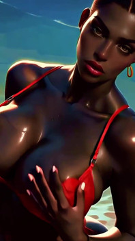 4K 100% Ai generated 3D Soft Looping pmv: Dunkelhäutes dickes arsch sanftes Twerk am tropischen strand in sexy Bikinis