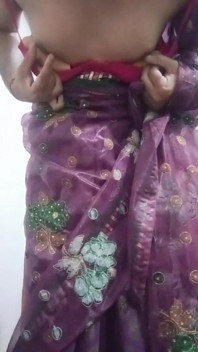 Indian Gay Crossdresser Bottom Gaurisissy Showing Her Big Boobs in Purple Saree