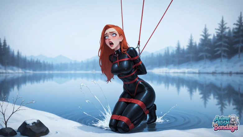 Anime BDSM Bondage: Lubang kemuliaan yang beku di tasik salji! Seks perhambaan bogel...