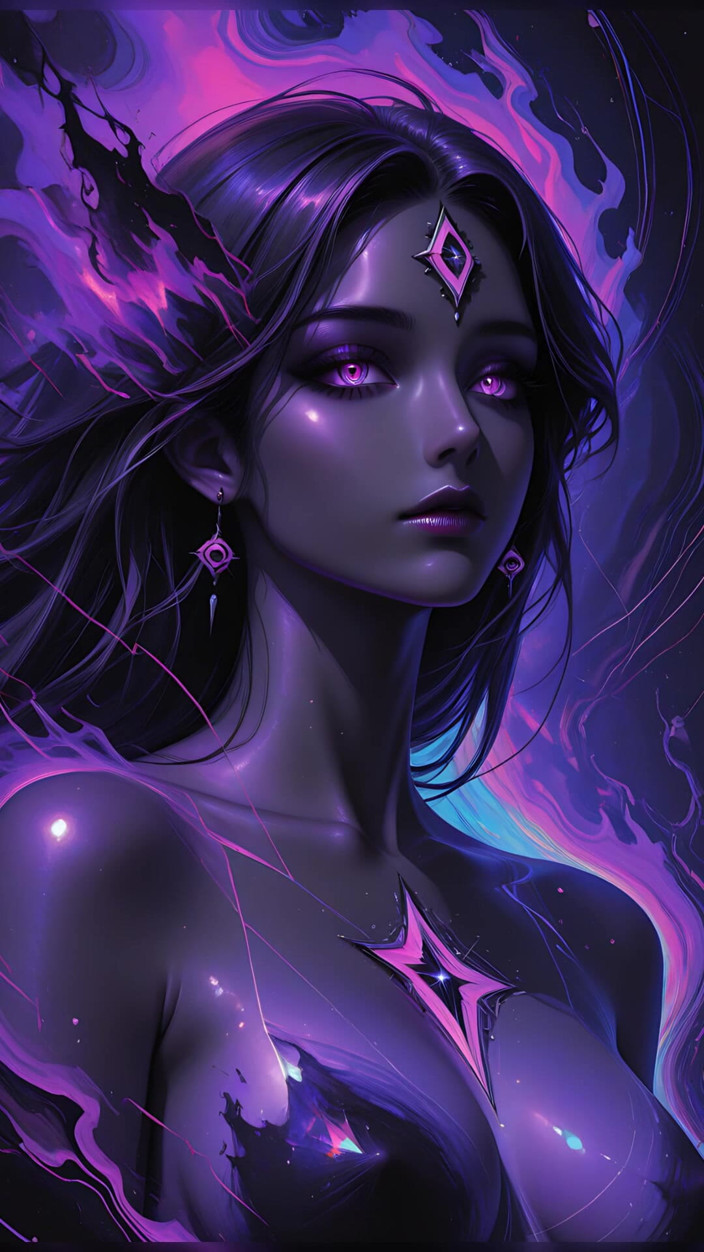 VelvetInk Studio: Mystická kosmická bohyně se zářícími fialovými očima, dark fantasy Ai...