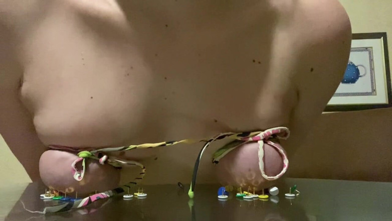 Elena917: Tits BDSM Till Orgasm - Bondage, Thumbtacks, Clothes Holder Clamps