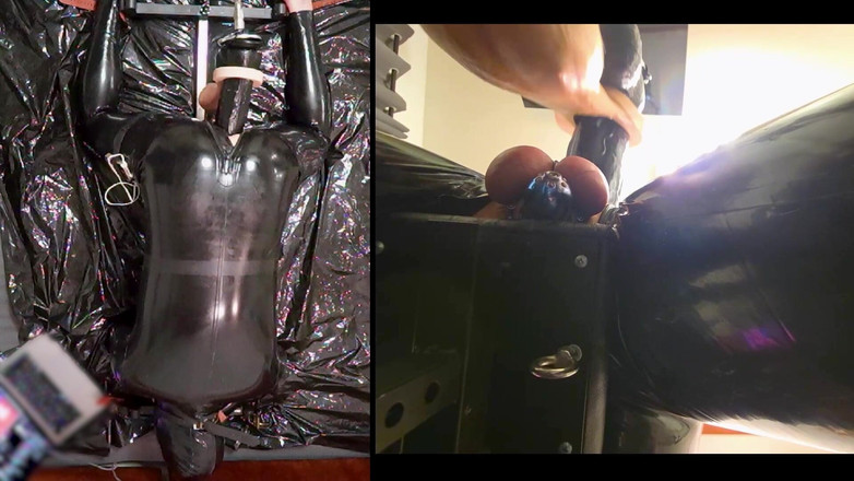 Chastitybeltboy: Session am Pranger mit Latexcatsuit, pa chastity, Riesen-Didildo und Estim