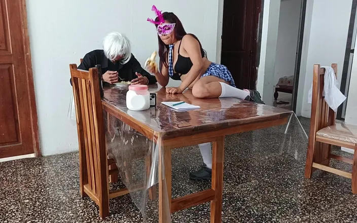 Goky: She Climbs on the Table and Opens Her Pussy!!