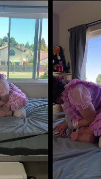 Pink Satin Sissy Maid Rides Her Sex Doll Toy While Locked