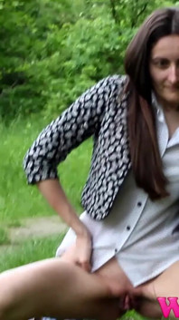 Shy Brunette Pee Outdoor and Rubs Her Wet Pussy and Pee on a Rock