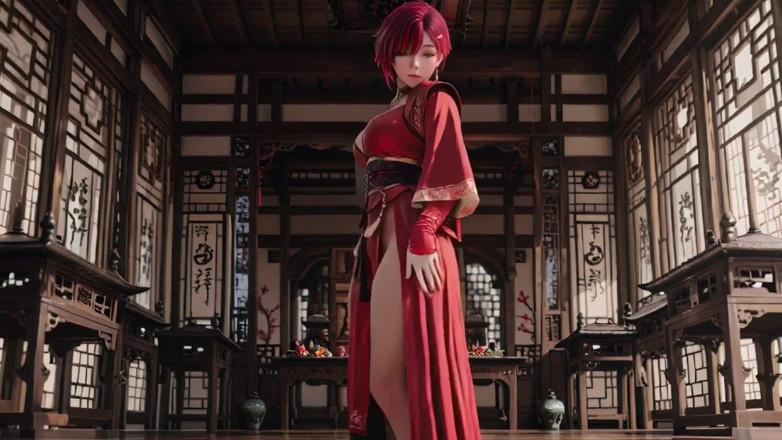 Seraphina Vale: Yüksek yarıklı kimono'daki mor saçlı gardiyan kız, ateşli bir bakış...