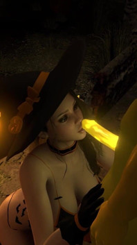Sexy Witch Sucking the Pumpkinhead on Halloween