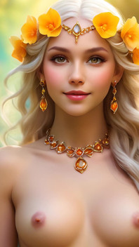 Femeie de artă nudă care ține Begonia cu citrin galben diamant bijuterii 4K prezentare artistică
