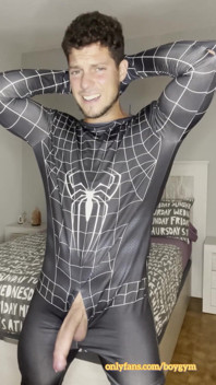 Big Cumshot with My Big Cock and No Hands! Spiderman Outfit