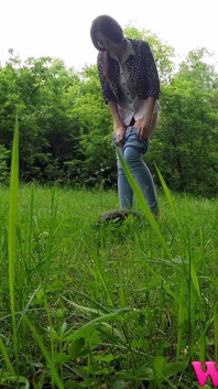 Shy Brunette Pee Outdoor and Rubs Her Wet Pussy and Pee on a Rock