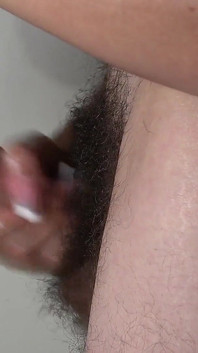Side View of Really Close up Handjob to His Big Veiny Cock N' Big Hairy Bush.cumshot on Her Hands N' Cum Dripping From Her Nails
