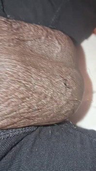 Mengusap batang hitam besar yang belum dipotong melalui seluar dalam